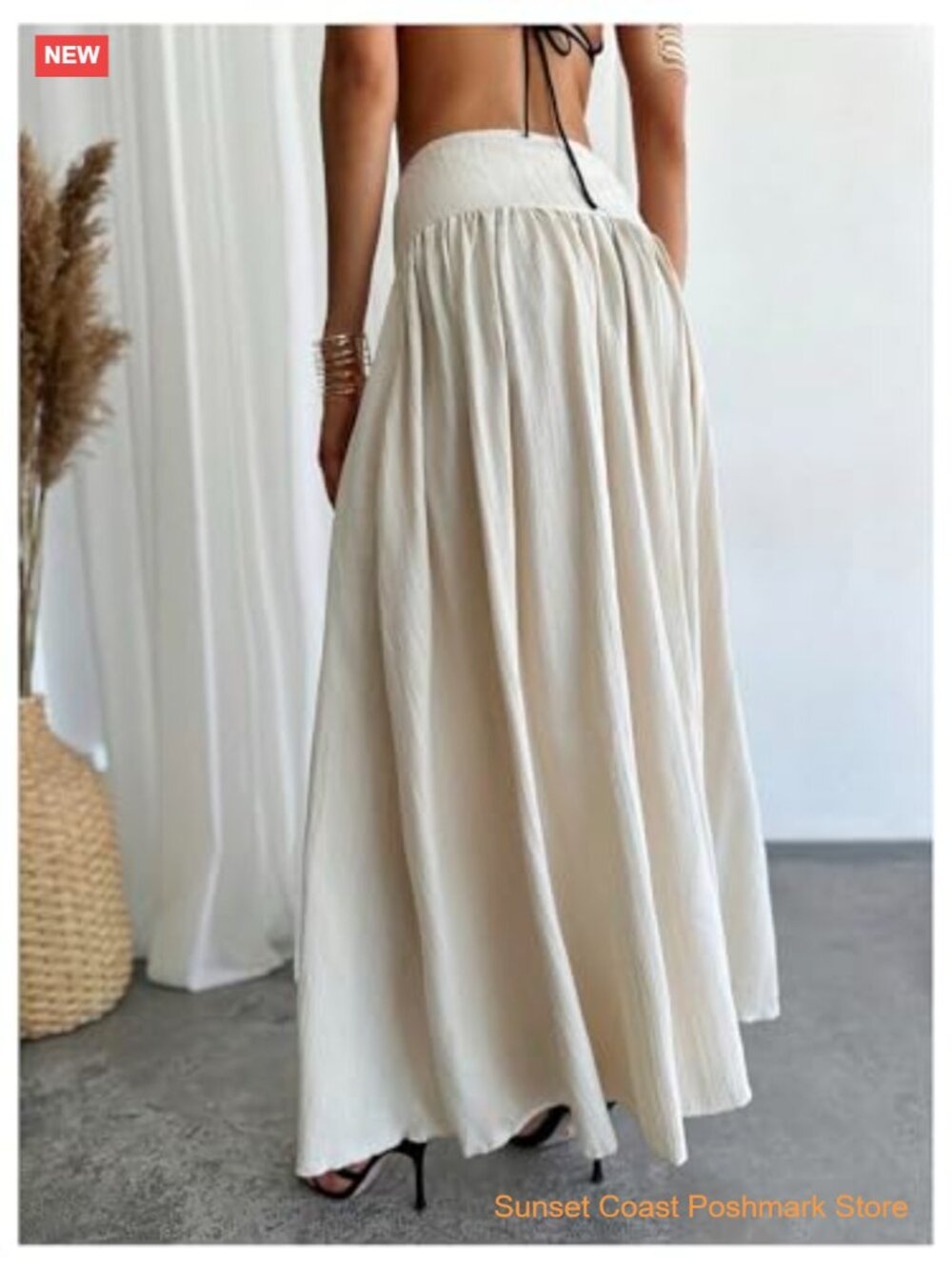 Women's Pleated Flowy Maxi Skirt High Waist Long Skirt with Pocket - Picture 2 of 6